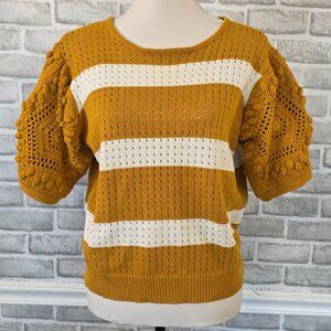 Bohme Puff Short Sleeve Knit Sweater Stripe Cottage Boho Med Mustard Cream